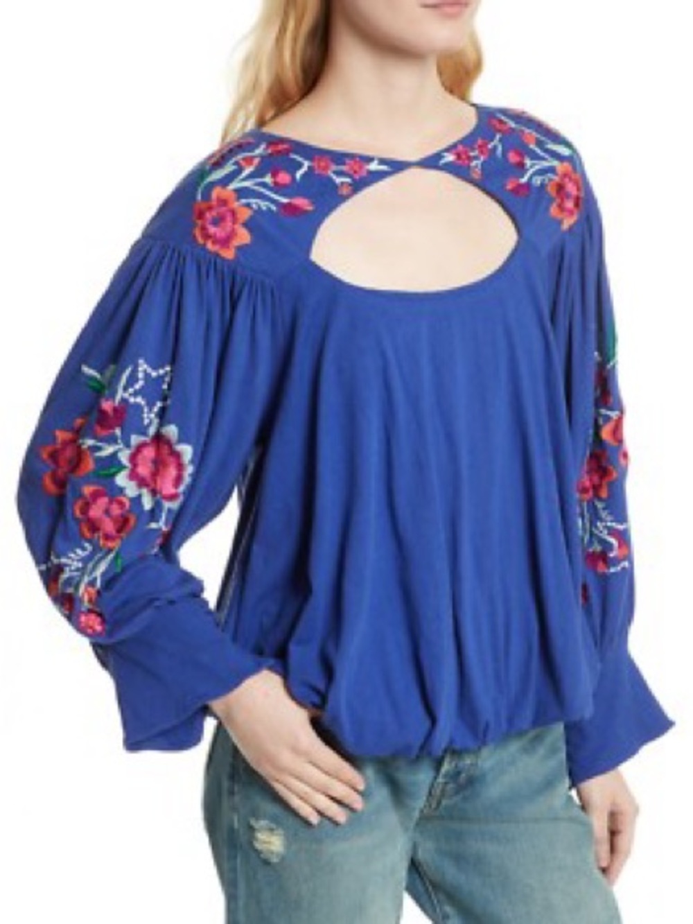 Free People Embroidered Royal Blue Peasant Blouse